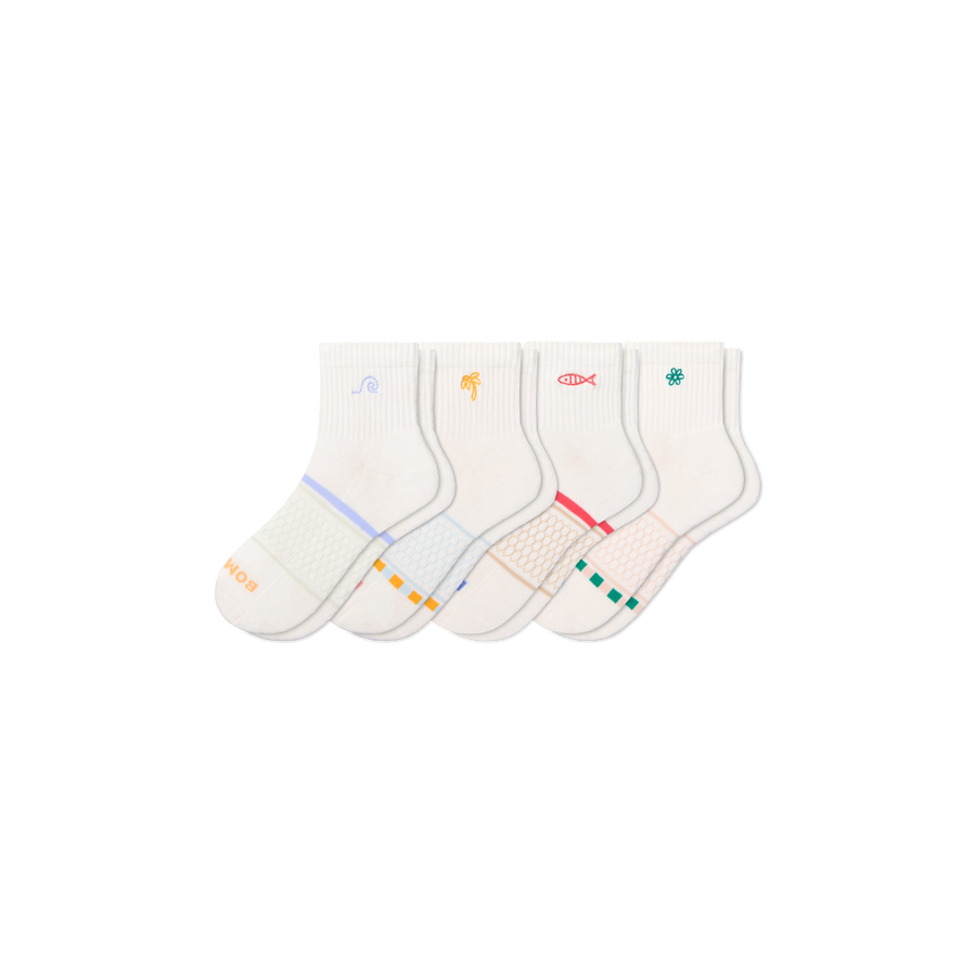 Women's Beach Day Embroidered Quarter Sock 4-Pack - Cozy Run Support