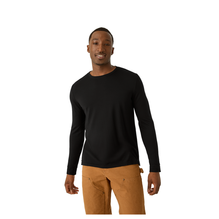 Merino Wool Blend Crew Neck Long Sleeve T-Shirt - Black MO1 [7052]