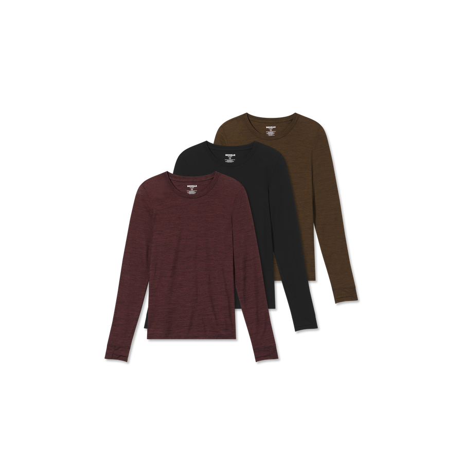 Women's Merino Wool Blend Crew Neck Long Sleeve T-Shirt 3-Pack - Trail Daily Support