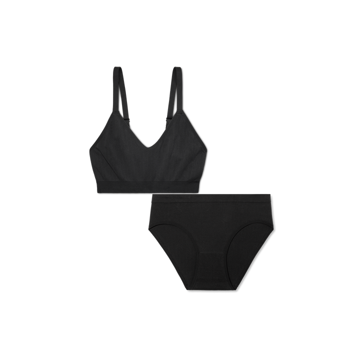 Women's Ribbed Seamless Scoop Bralette + Brief - Black L [7716]
