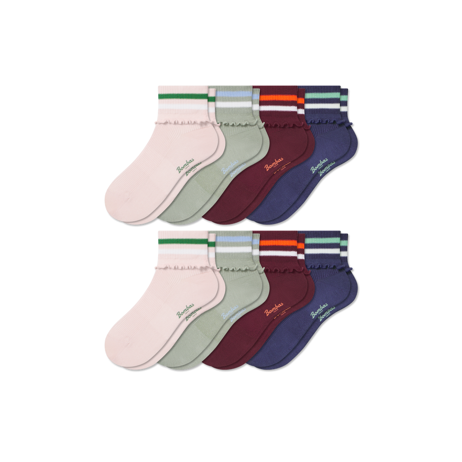 Youth Foldover Ruffle Quarter Sock 8-Pack - Everyday Travel Cushion